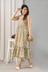 Beige Floral Printed Sleeveless Fit and Flare Maxi Dress - SHKUP1447