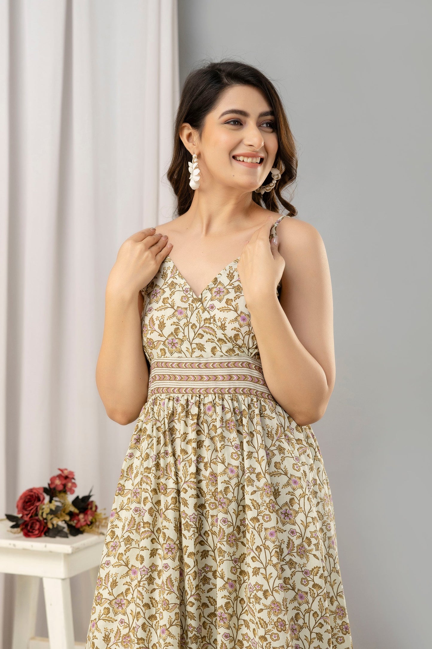 Beige Floral Printed Sleeveless Fit and Flare Maxi Dress - SHKUP1447