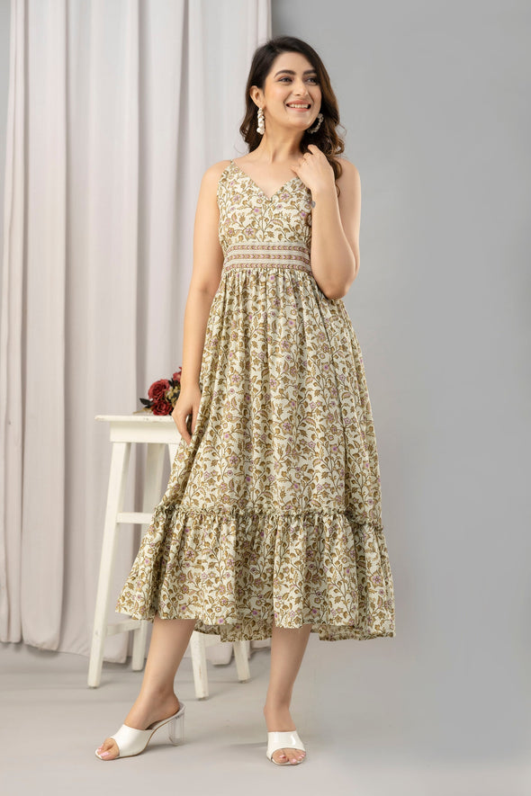 Beige Floral Printed Sleeveless Fit and Flare Maxi Dress - SHKUP1447