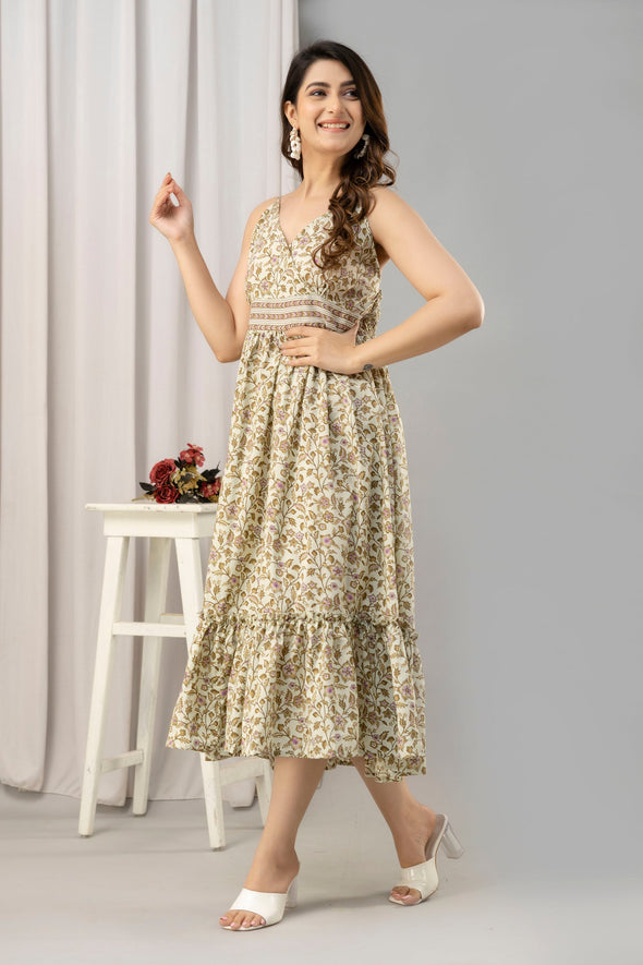 Beige Floral Printed Sleeveless Fit and Flare Maxi Dress - SHKUP1447