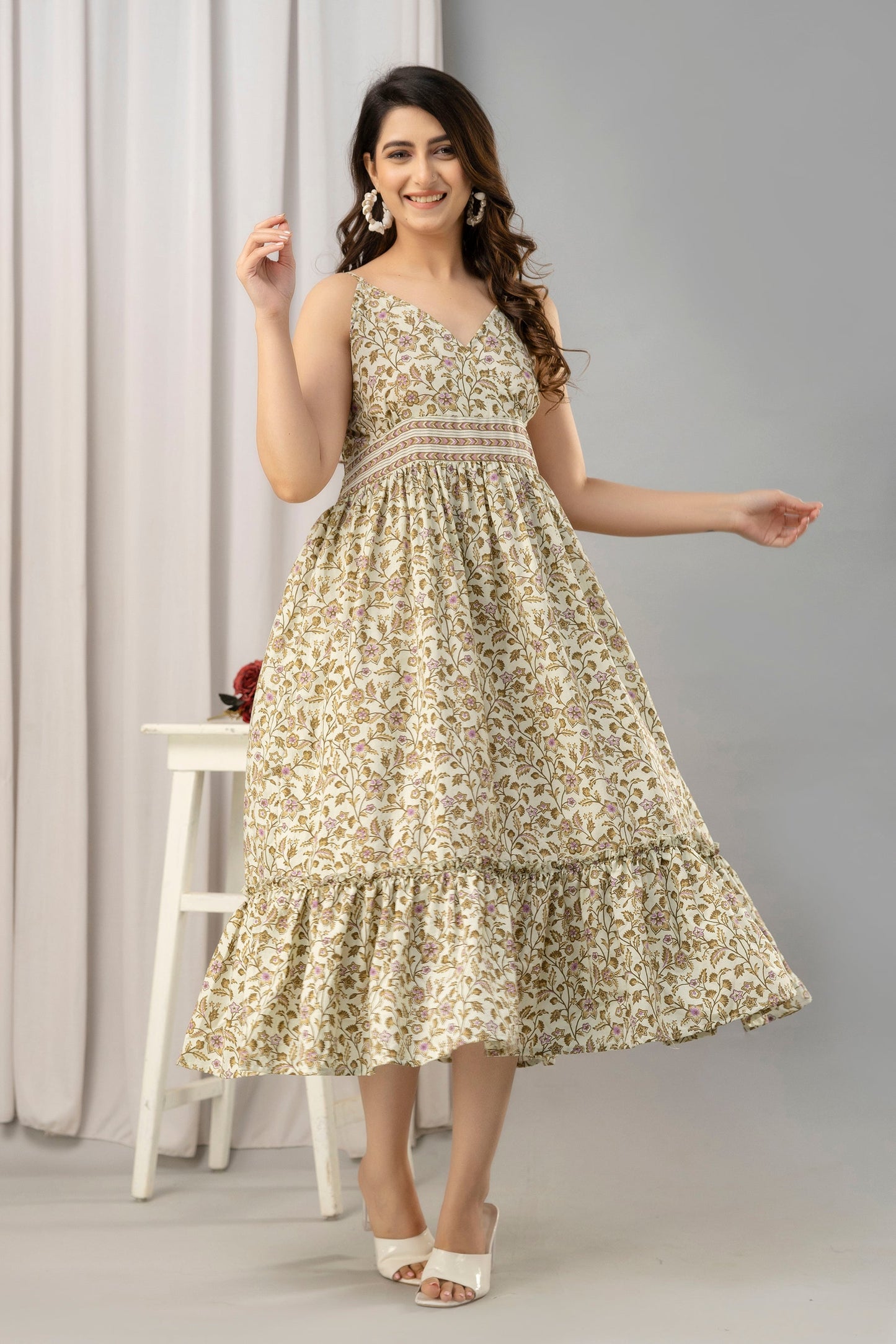 Beige Floral Printed Sleeveless Fit and Flare Maxi Dress - SHKUP1447