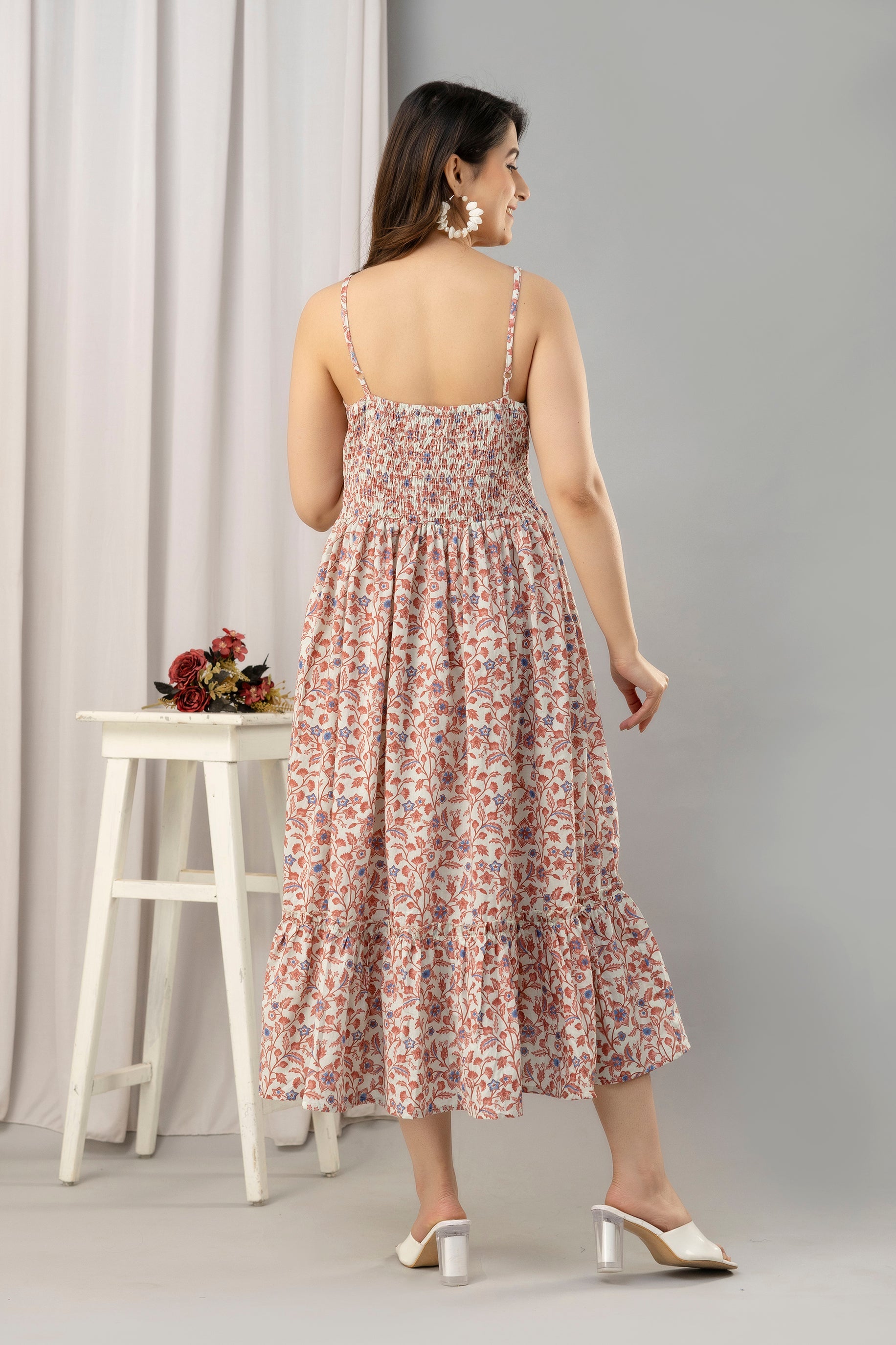 Peach Floral Printed Sleeveless Fit and Flare Maxi Dress - SHKUP1448