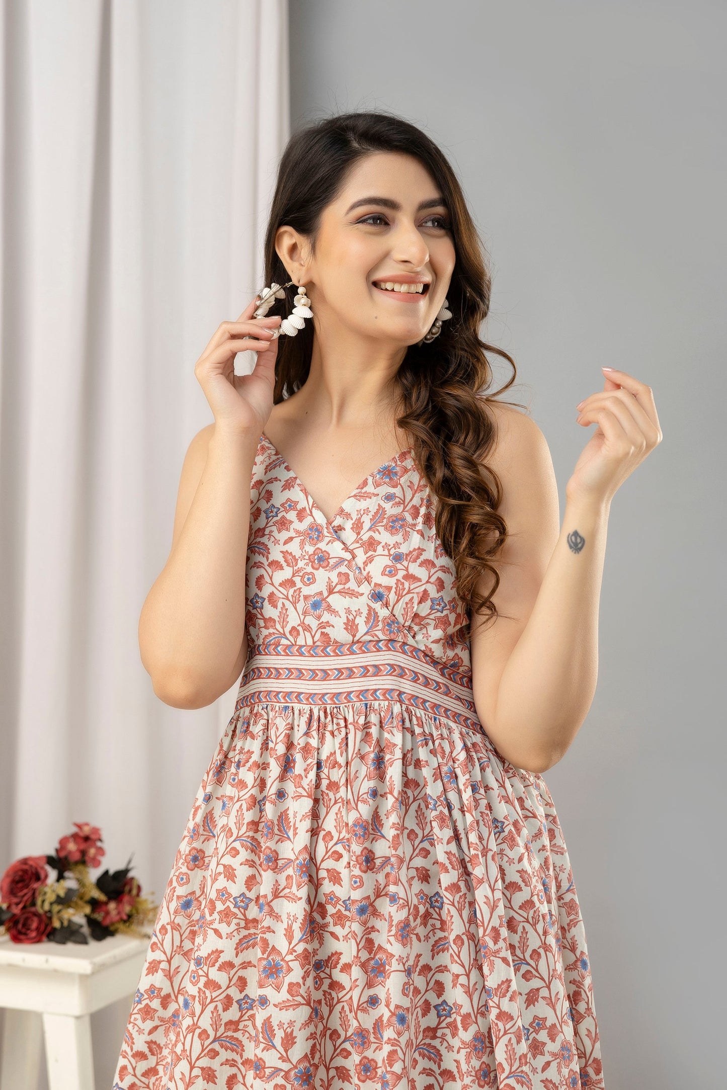 Peach Floral Printed Sleeveless Fit and Flare Maxi Dress - SHKUP1448