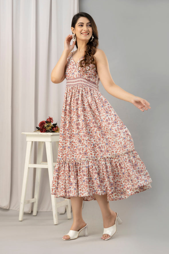 Peach Floral Printed Sleeveless Fit and Flare Maxi Dress - SHKUP1448