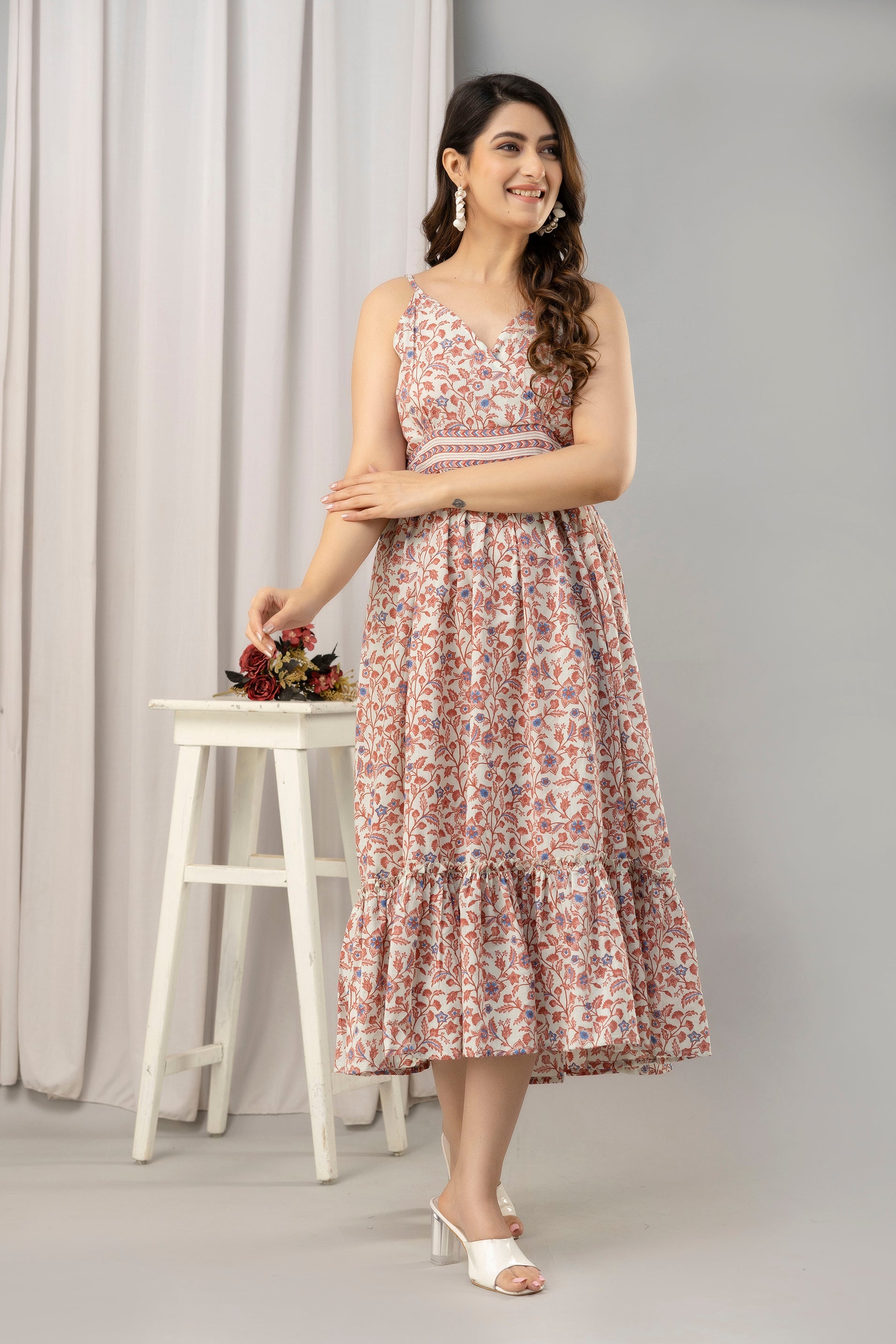 Peach Floral Printed Sleeveless Fit and Flare Maxi Dress - SHKUP1448