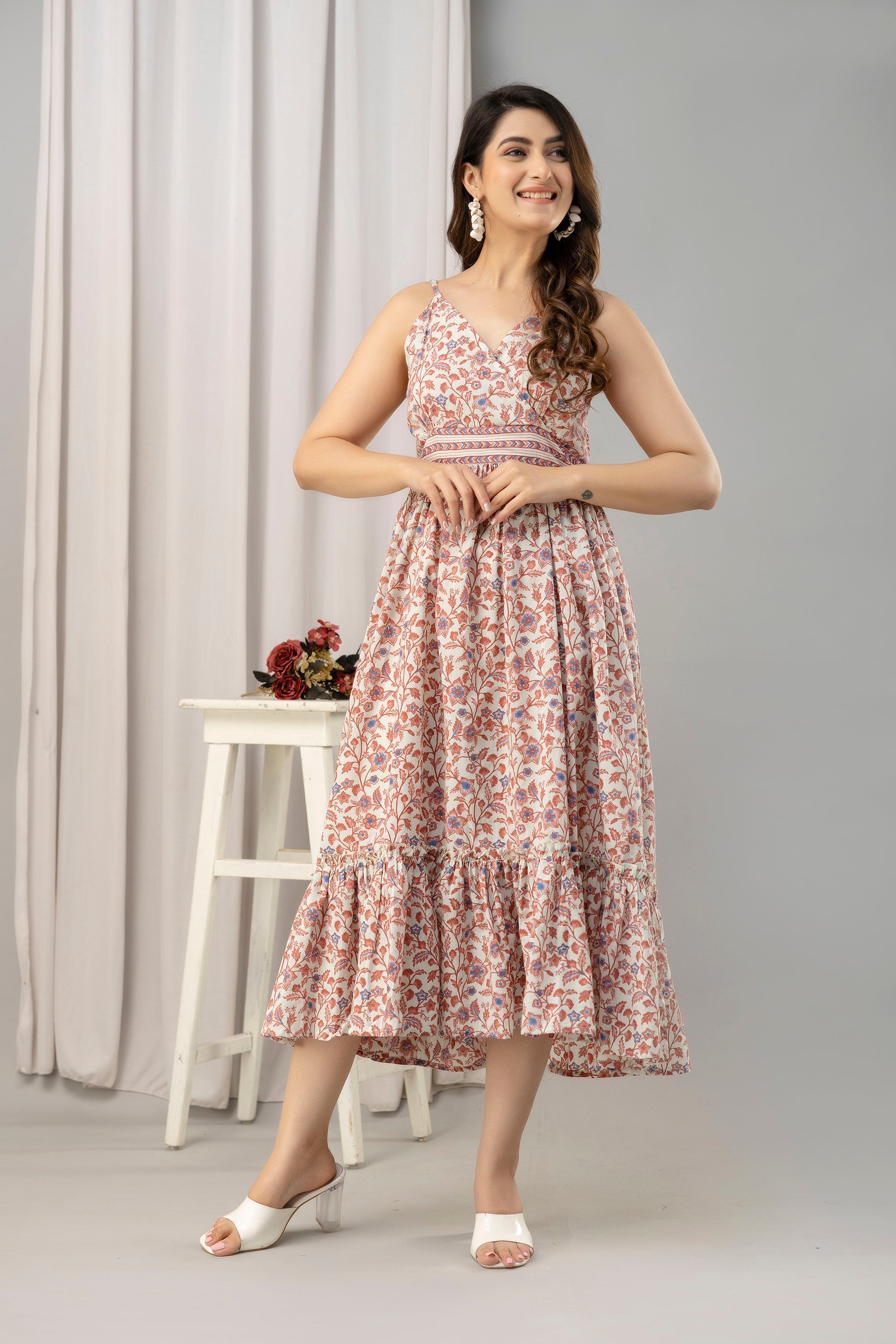 Peach Floral Printed Sleeveless Fit and Flare Maxi Dress - SHKUP1448