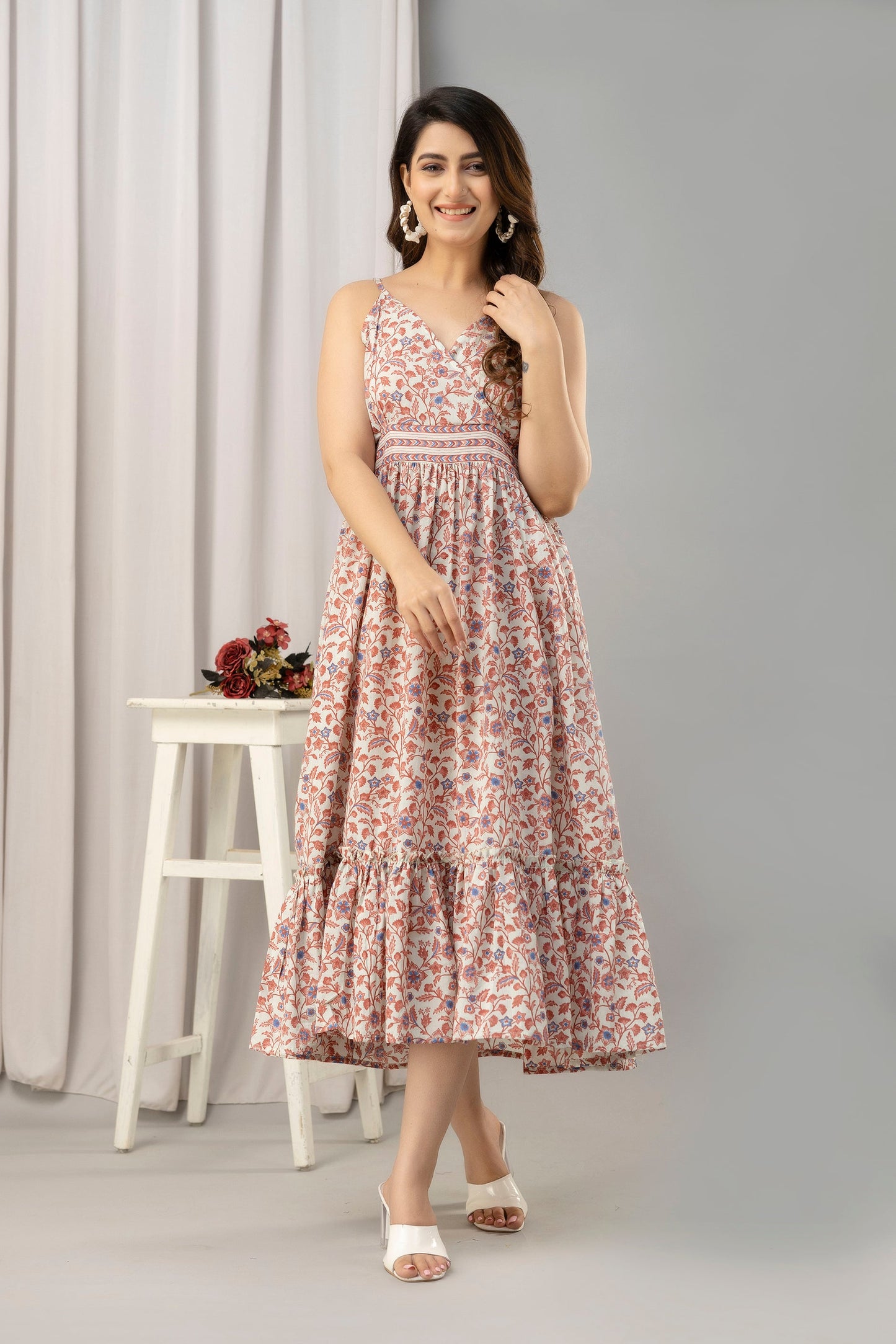 Peach Floral Printed Sleeveless Fit and Flare Maxi Dress - SHKUP1448