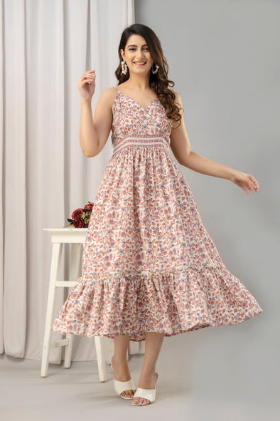 Peach Floral Printed Sleeveless Fit and Flare Maxi Dress - SHKUP1448