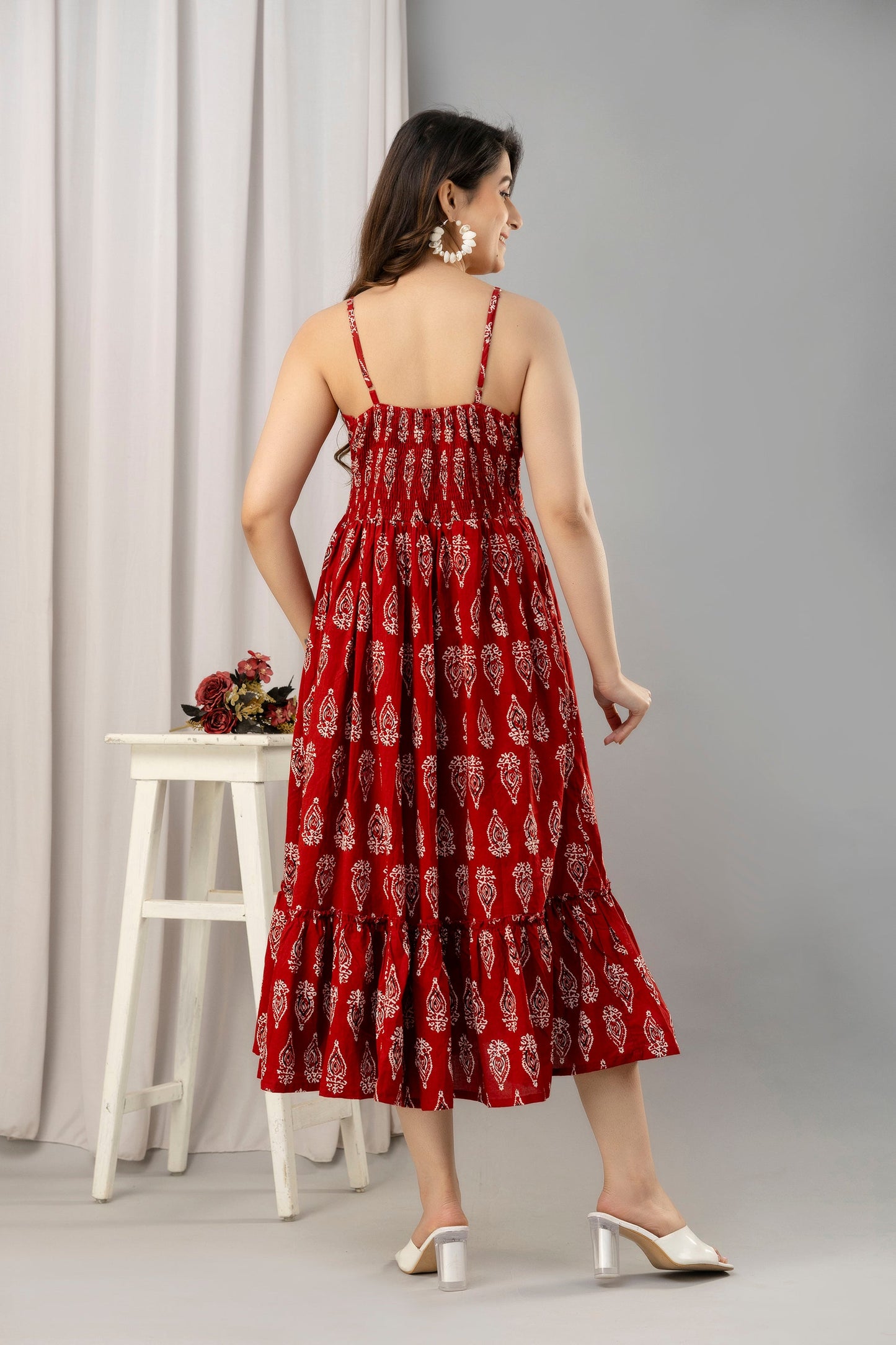 Red Ethnic Motifs Printed Sleeveless Fit and Flare Maxi Dress - SHKUP1449