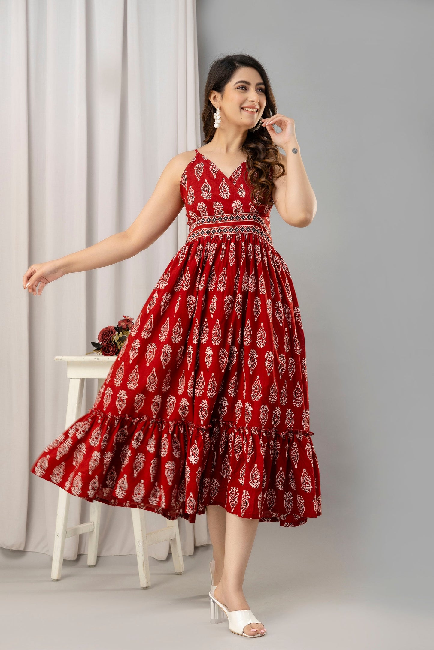 Red Ethnic Motifs Printed Sleeveless Fit and Flare Maxi Dress - SHKUP1449