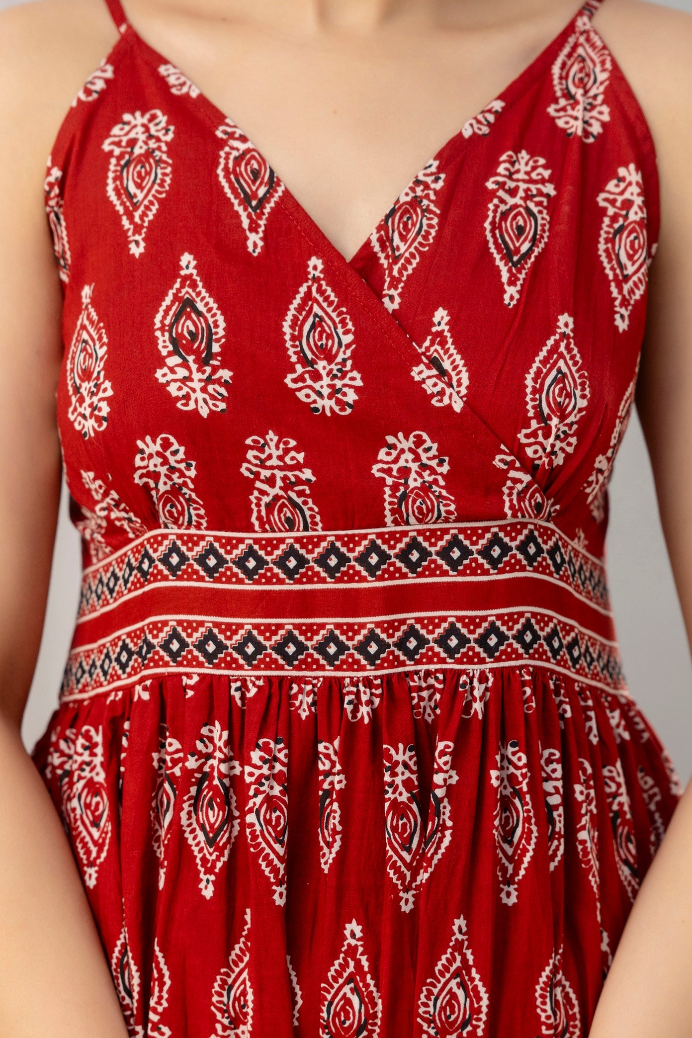 Red Ethnic Motifs Printed Sleeveless Fit and Flare Maxi Dress - SHKUP1449