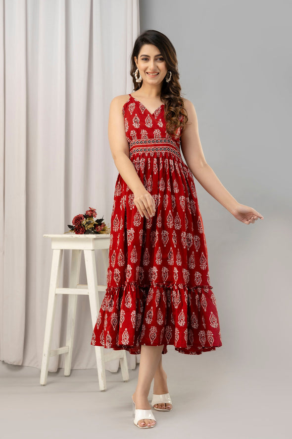 Red Ethnic Motifs Printed Sleeveless Fit and Flare Maxi Dress - SHKUP1449