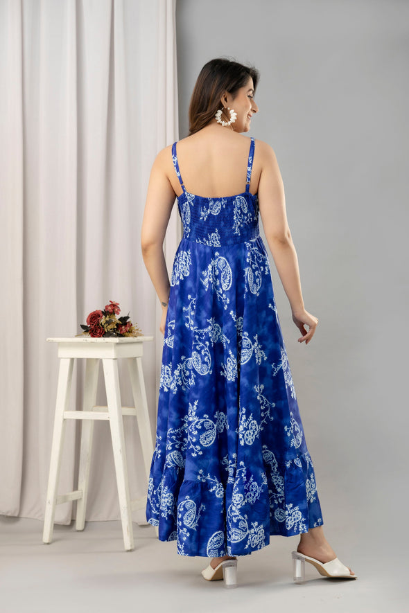 Blue Floral Printed Sleeveless Fit and Flare Maxi Dress - SHKUP1450