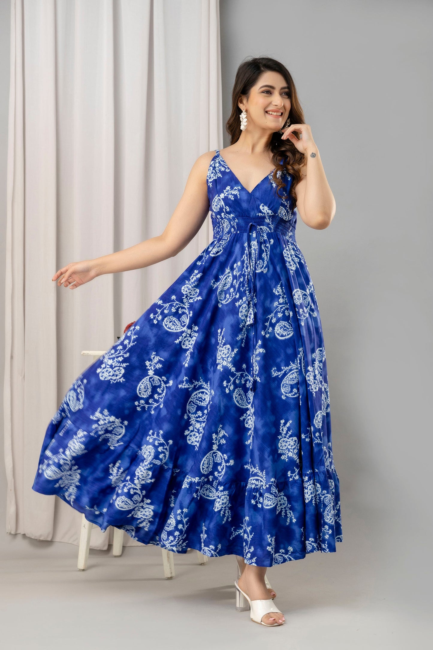 Blue Floral Printed Sleeveless Fit and Flare Maxi Dress - SHKUP1450