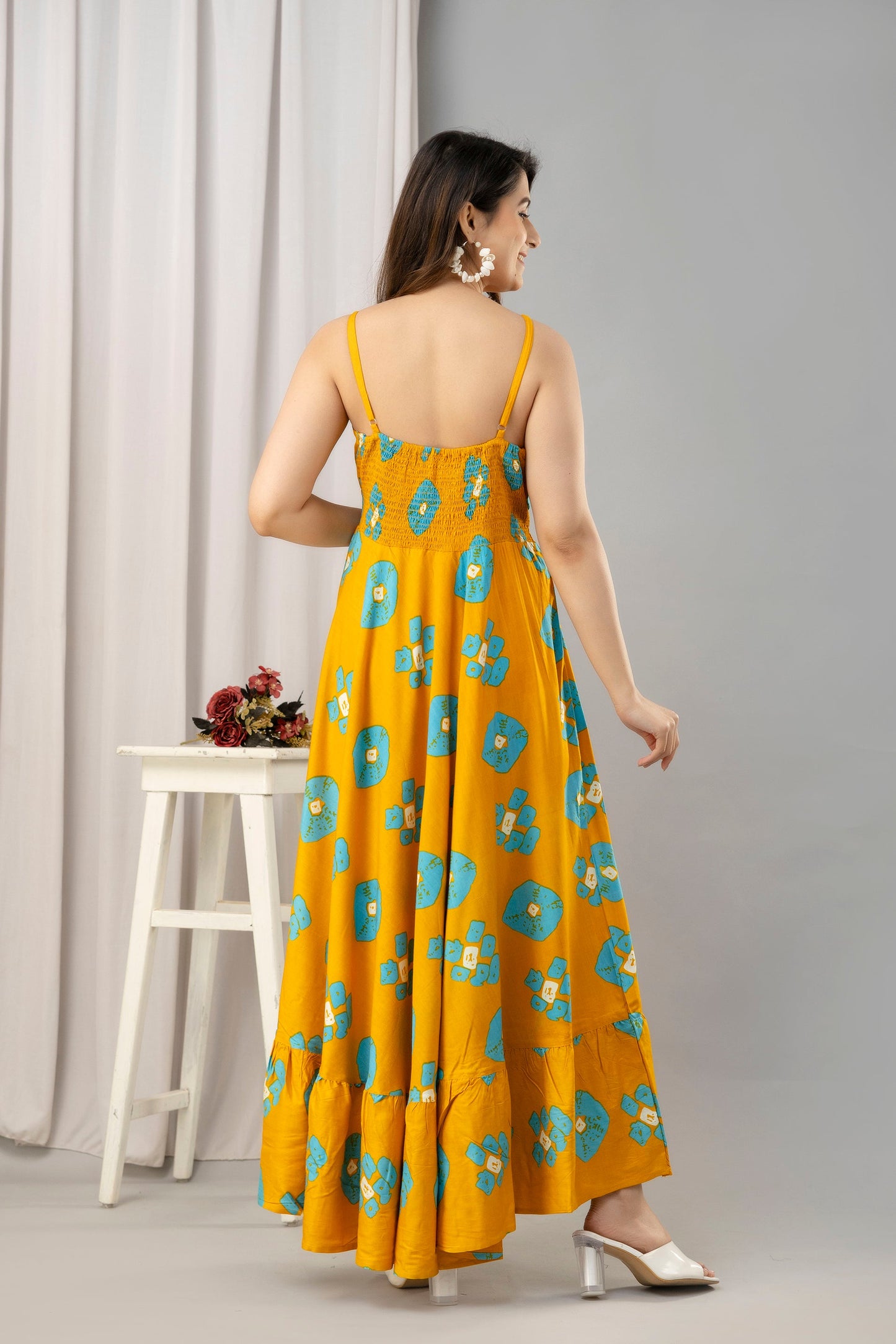 Yellow Abstract Printed Sleeveless Fit and Flare Maxi Dress - SHKUP1451