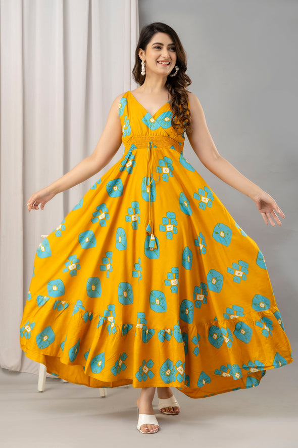 Yellow Abstract Printed Sleeveless Fit and Flare Maxi Dress - SHKUP1451