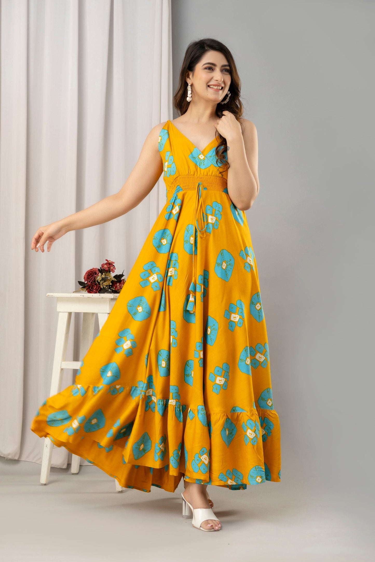 Yellow Abstract Printed Sleeveless Fit and Flare Maxi Dress - SHKUP1451