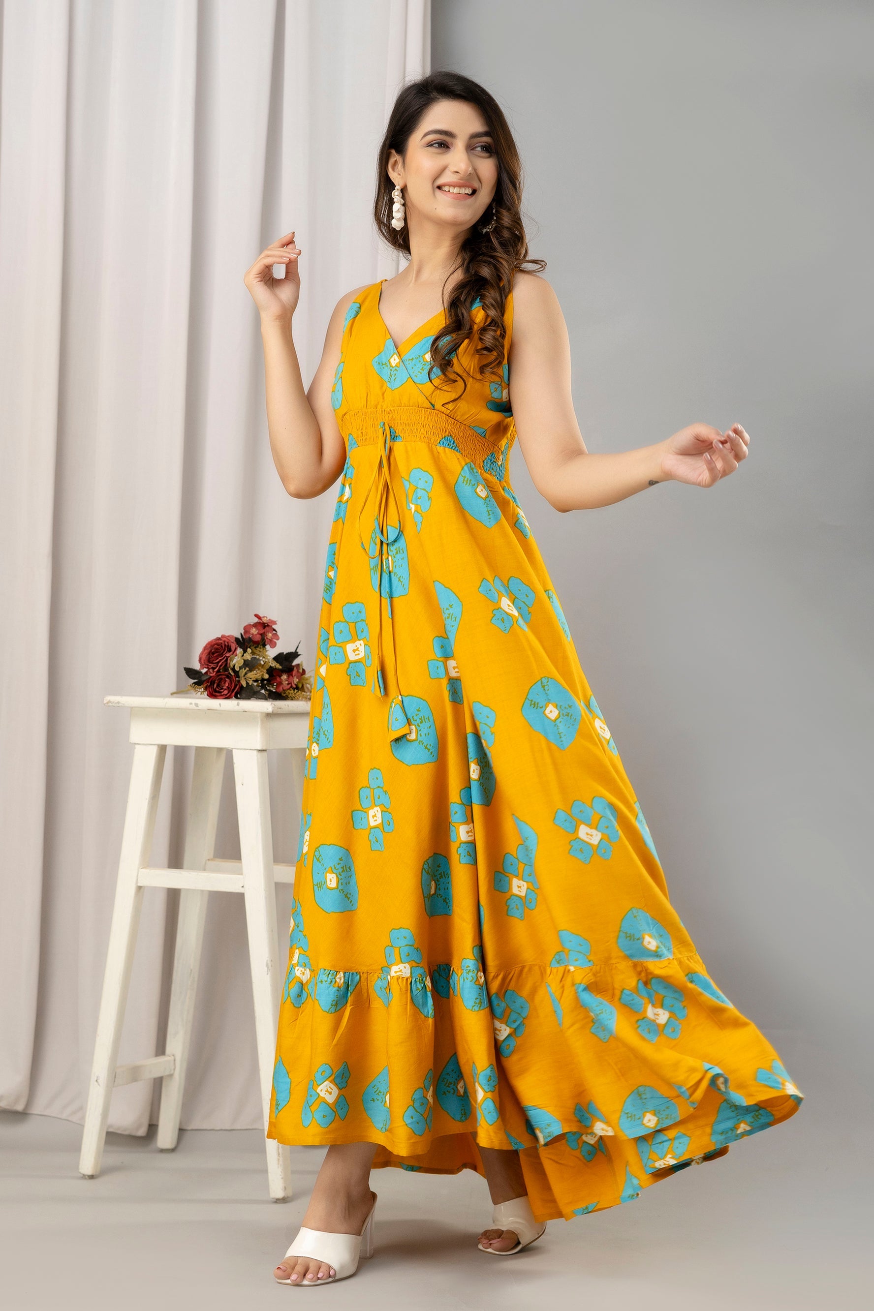 Yellow Abstract Printed Sleeveless Fit and Flare Maxi Dress - SHKUP1451