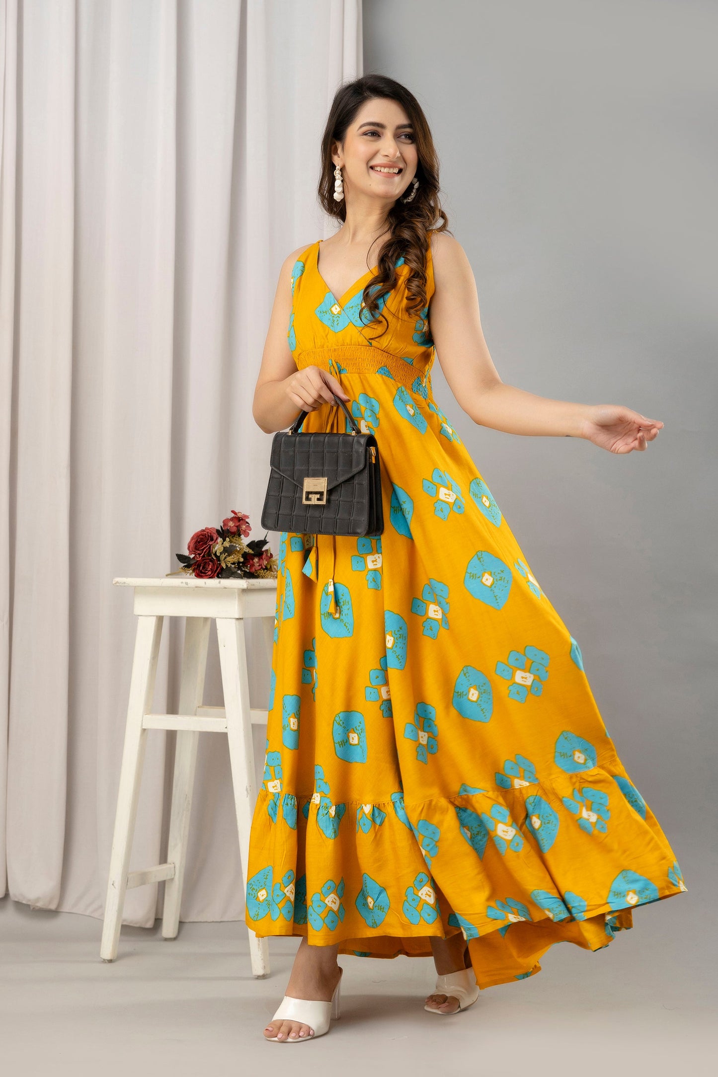 Yellow Abstract Printed Sleeveless Fit and Flare Maxi Dress - SHKUP1451