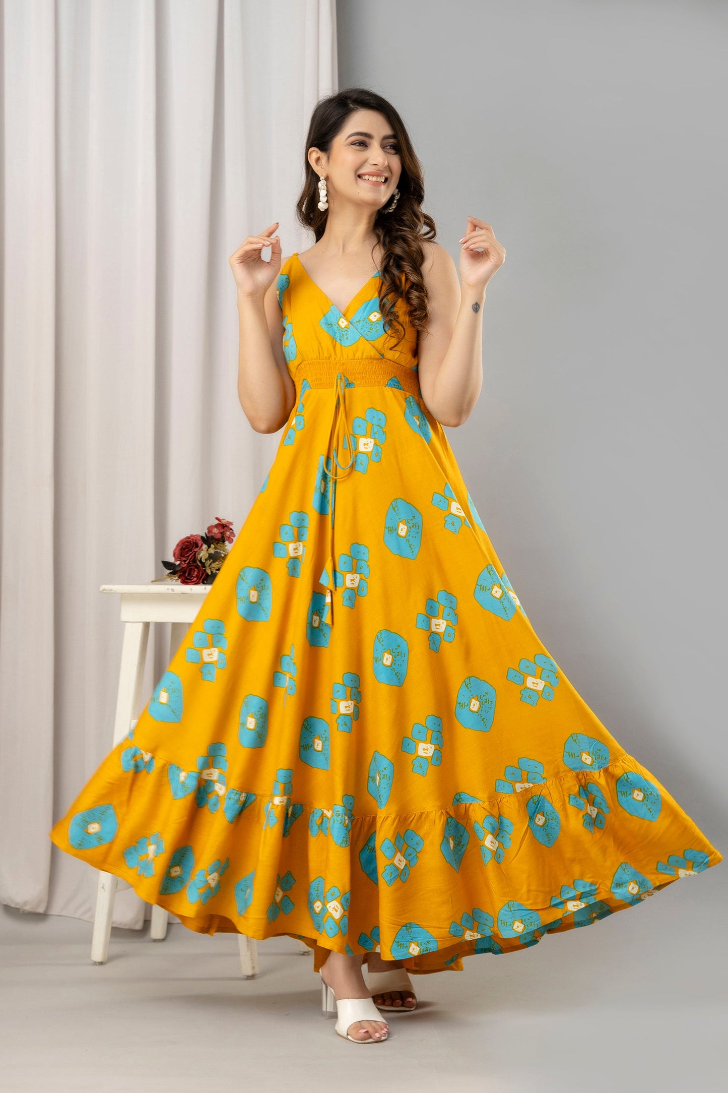 Yellow Abstract Printed Sleeveless Fit and Flare Maxi Dress - SHKUP1451