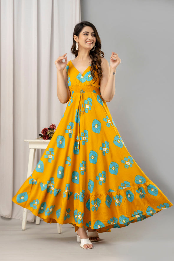 Yellow Abstract Printed Sleeveless Fit and Flare Maxi Dress - SHKUP1451