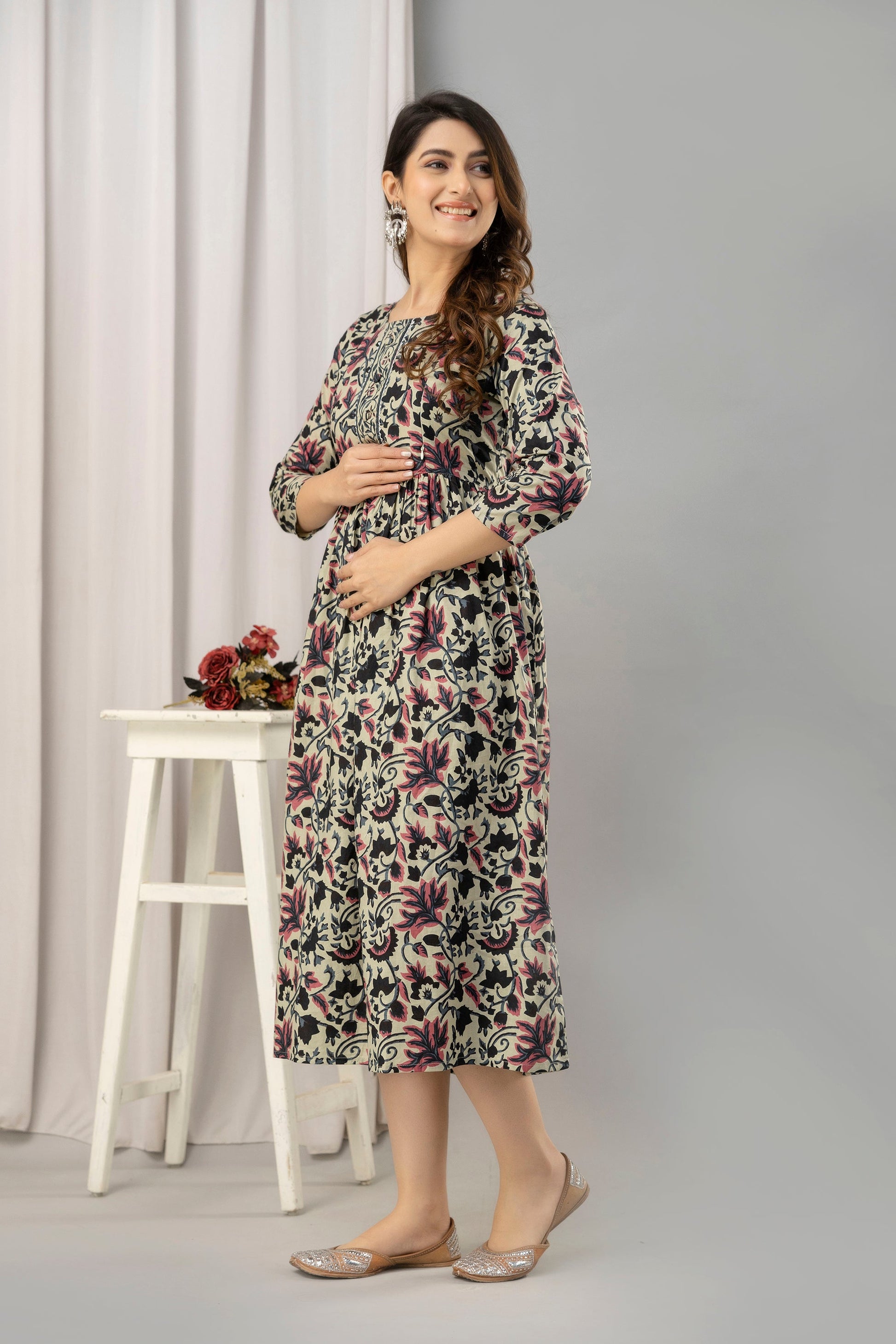 Pink Floral Print Flared Maternity Maxi Dress