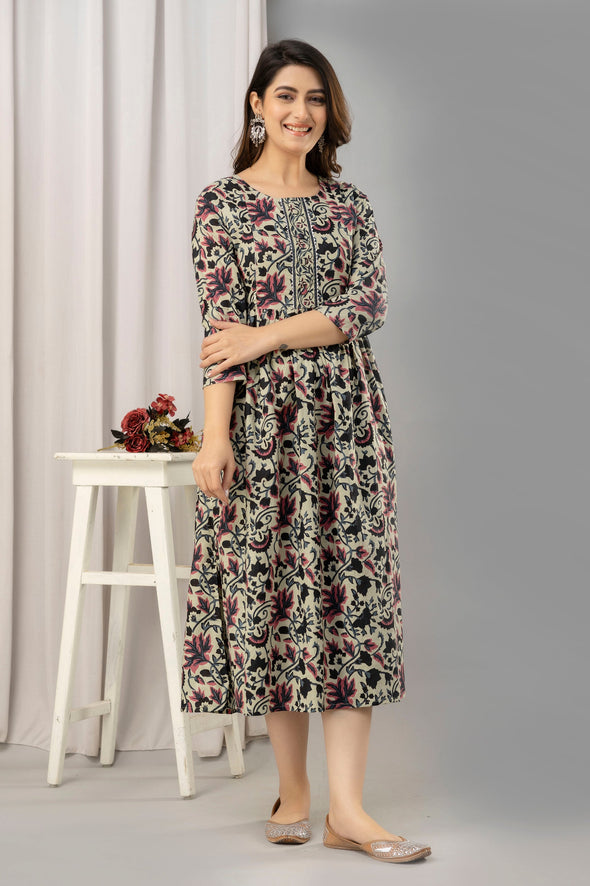 Pink Floral Print Flared Maternity Maxi Dress