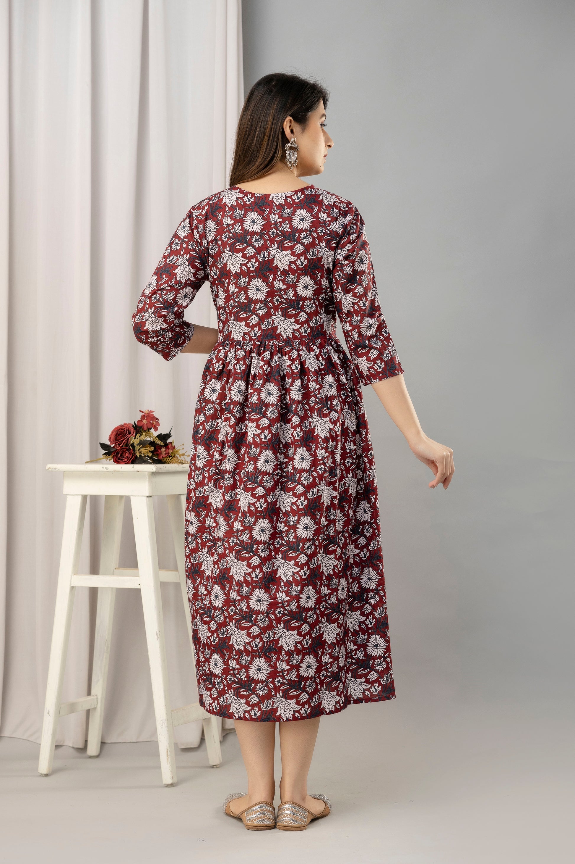 Maroon Floral Print Flared Maternity Maxi Dress