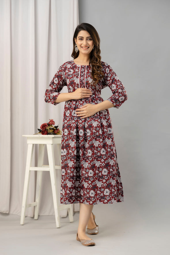 Maroon Floral Print Flared Maternity Maxi Dress