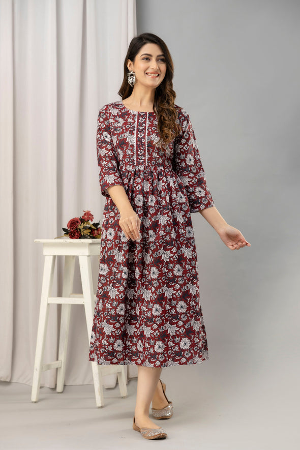 Maroon Floral Print Flared Maternity Maxi Dress