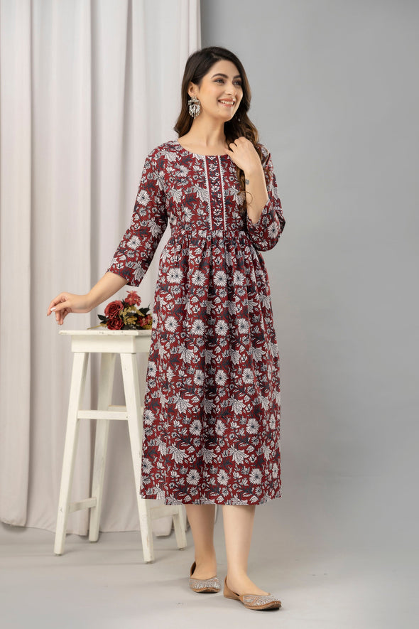 Maroon Floral Print Flared Maternity Maxi Dress