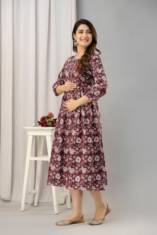 Maroon Floral Print Flared Maternity Maxi Dress