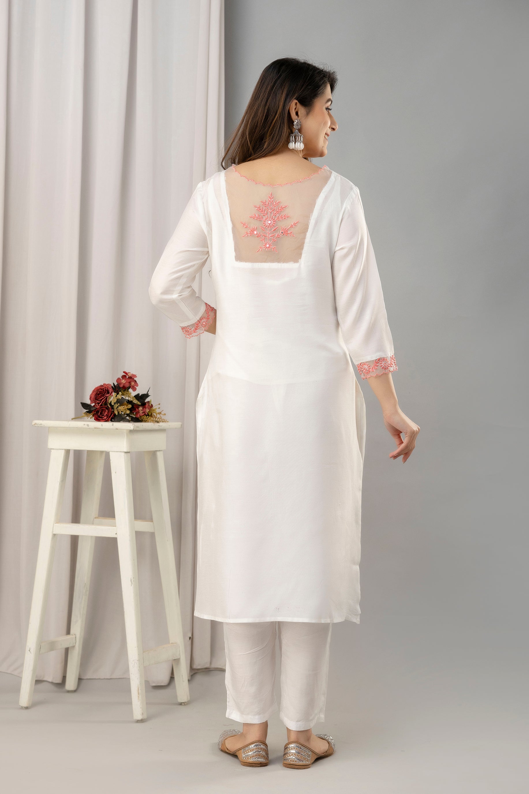 Women White & Peach Muslin Embroidered Kurta with Trousers & Dupatta