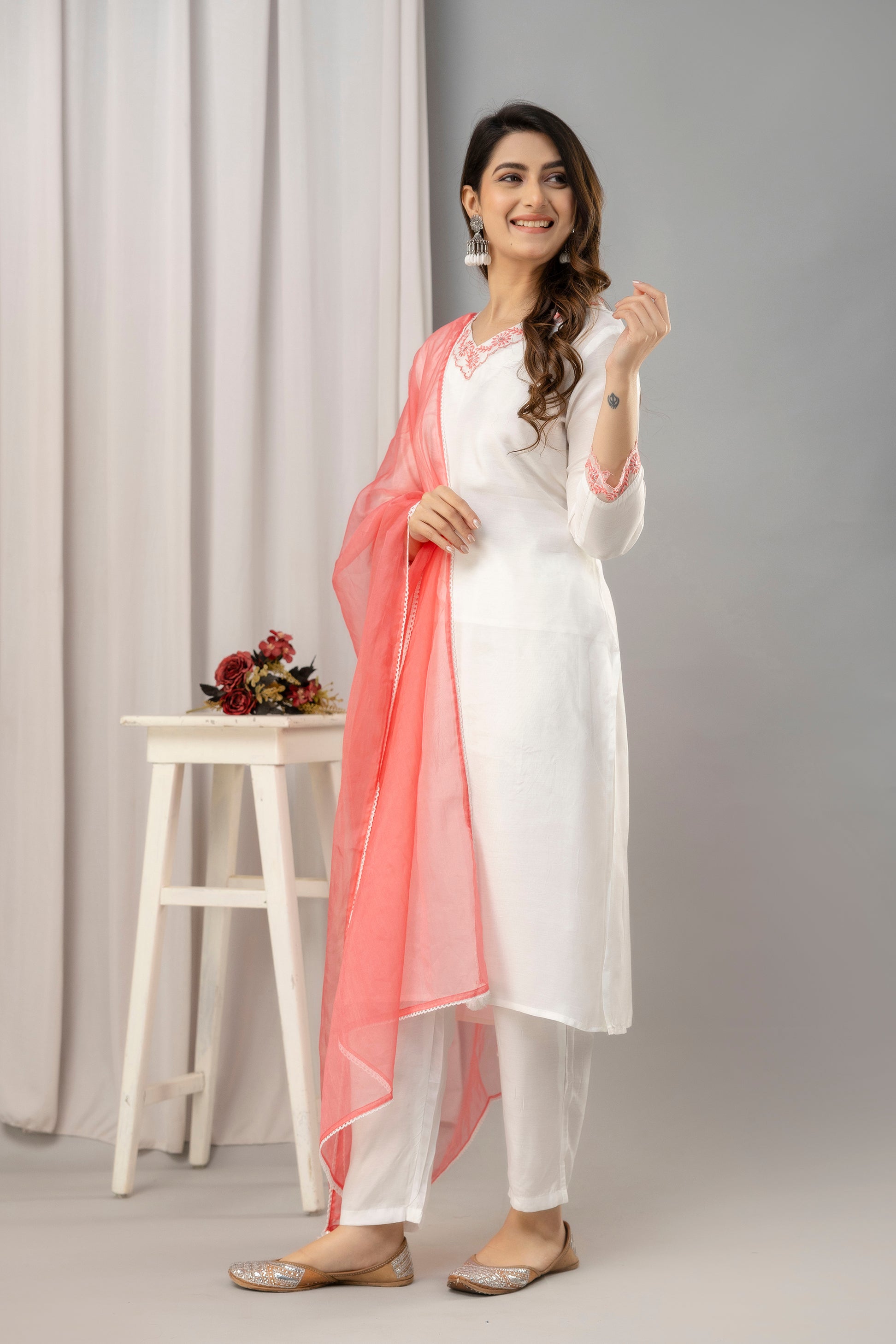 Women White & Peach Muslin Embroidered Kurta with Trousers & Dupatta