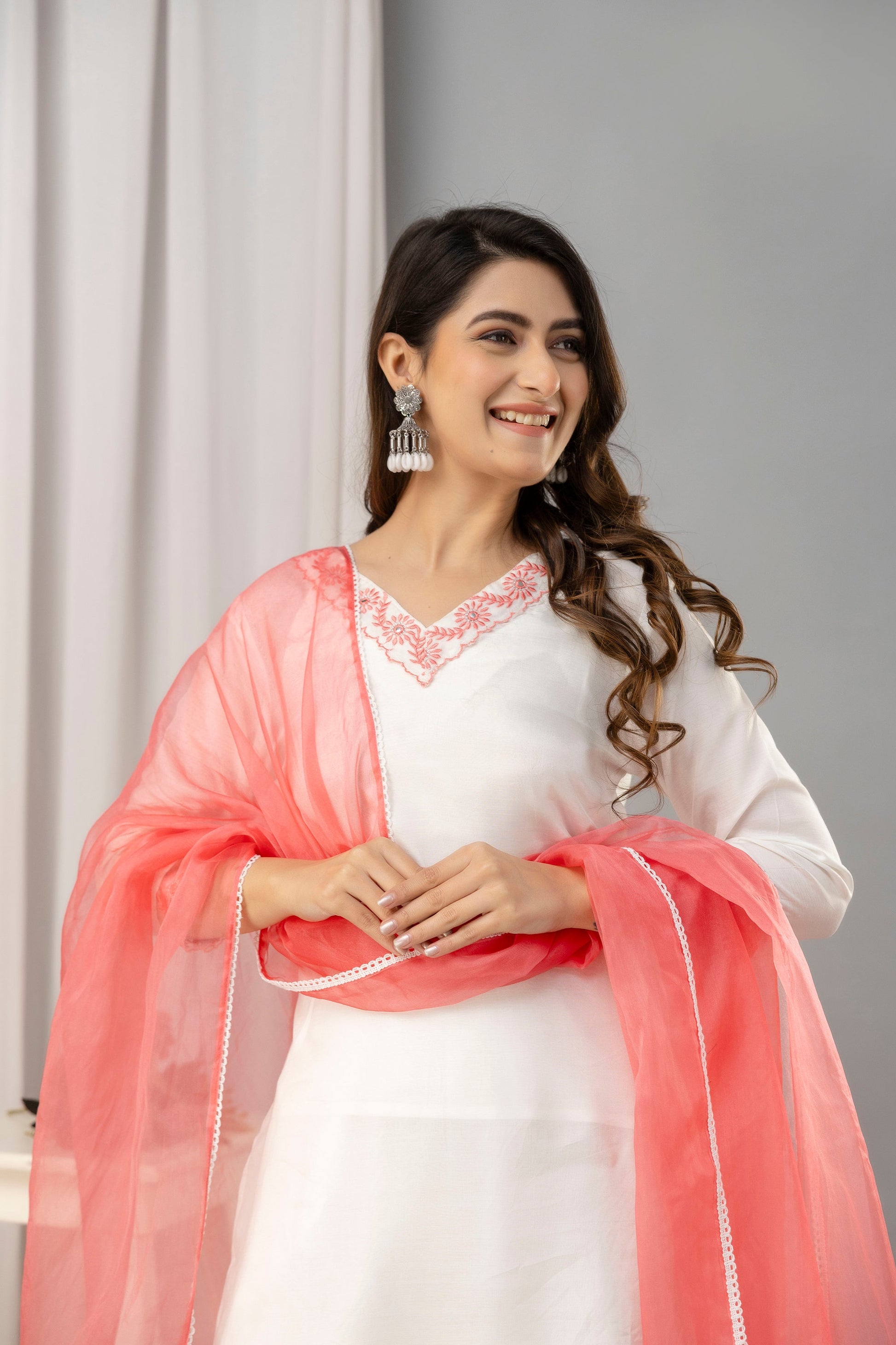 Women White & Peach Muslin Embroidered Kurta with Trousers & Dupatta