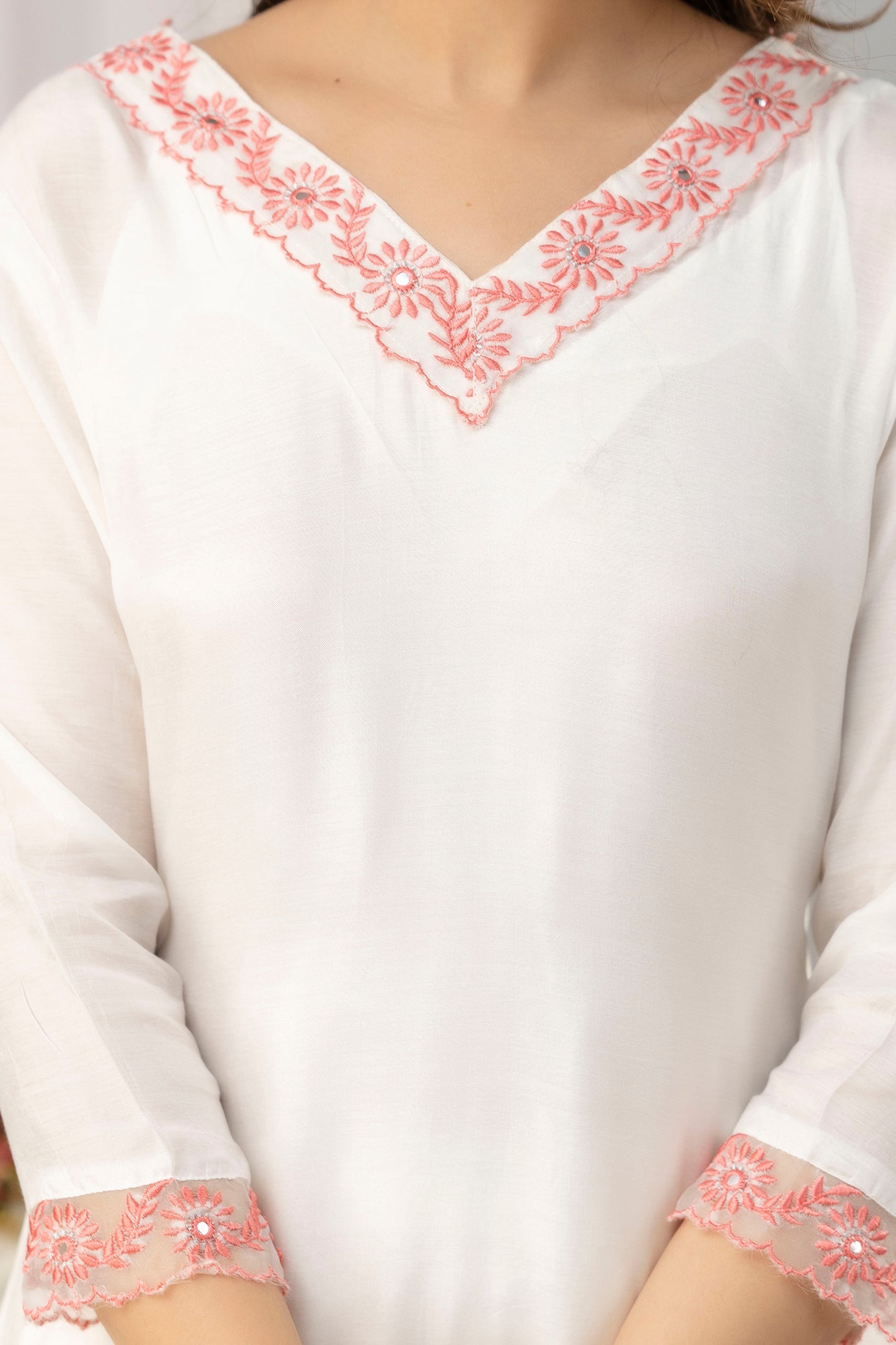 Women White & Peach Muslin Embroidered Kurta with Trousers & Dupatta