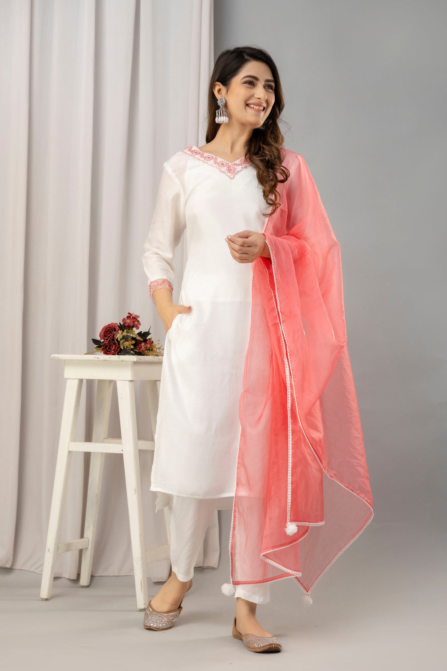 Women White & Peach Muslin Embroidered Kurta with Trousers & Dupatta