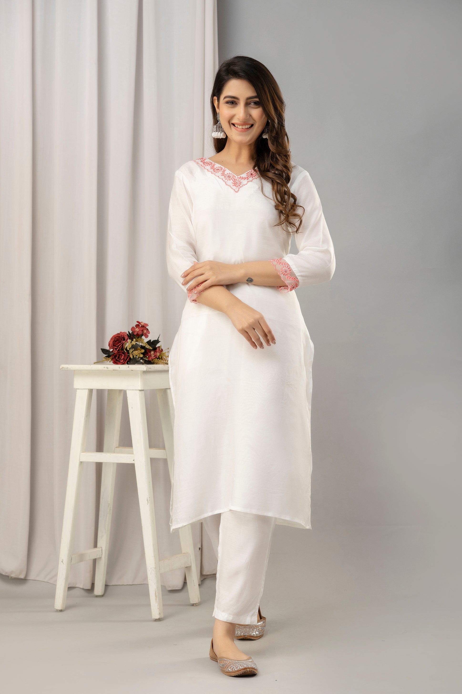 Women White & Peach Muslin Embroidered Kurta with Trousers & Dupatta