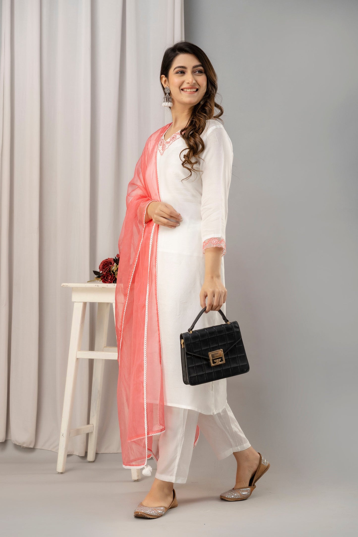 Women White & Peach Muslin Embroidered Kurta with Trousers & Dupatta