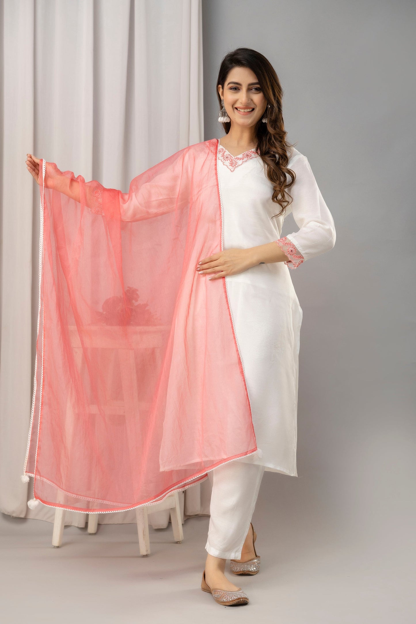 Women White & Peach Muslin Embroidered Kurta with Trousers & Dupatta