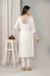 Women White & Violet Muslin Embroidered Kurta with Trousers & Dupatta