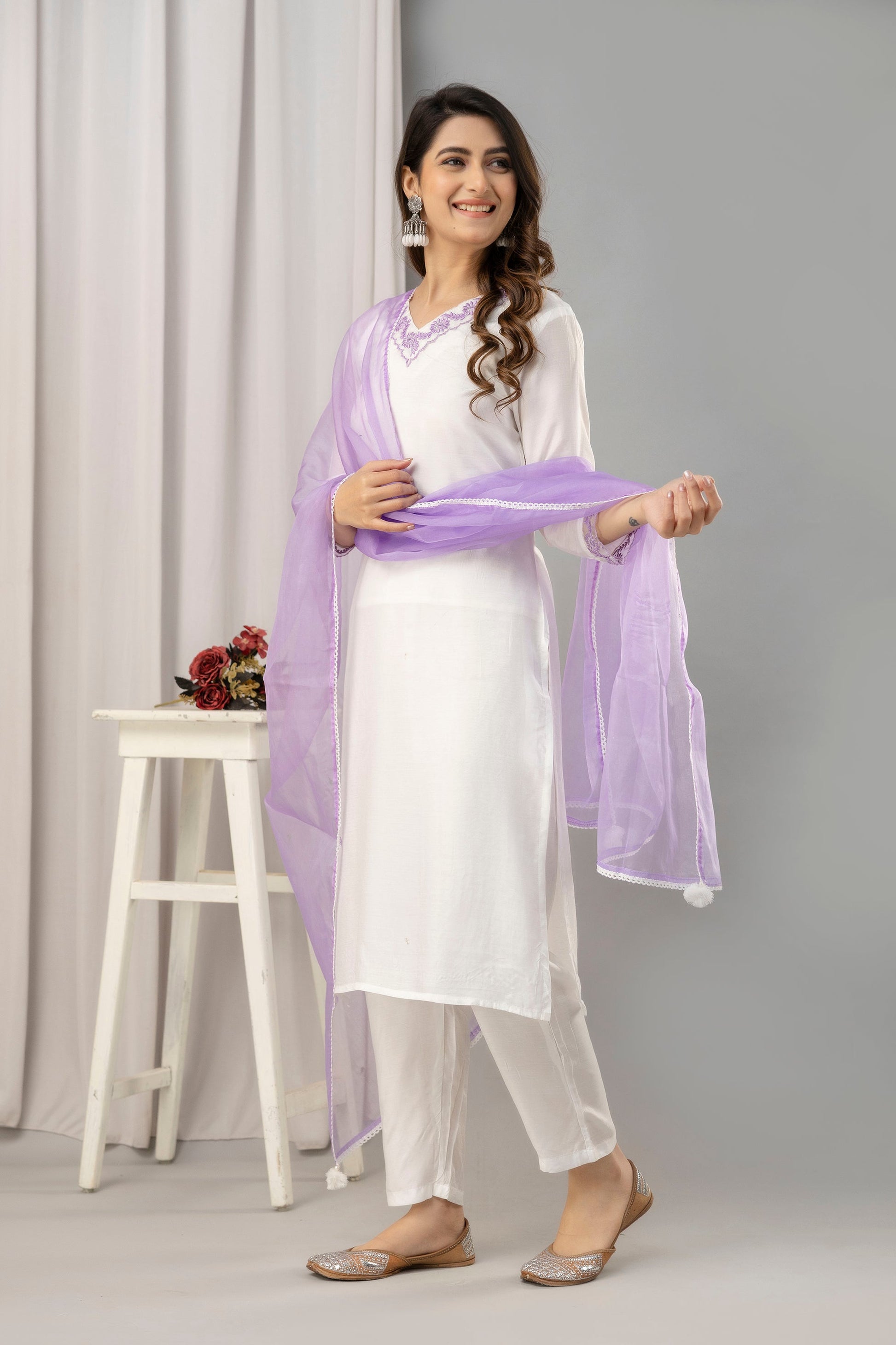 Women White & Violet Muslin Embroidered Kurta with Trousers & Dupatta