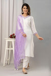 Women White & Violet Muslin Embroidered Kurta with Trousers & Dupatta