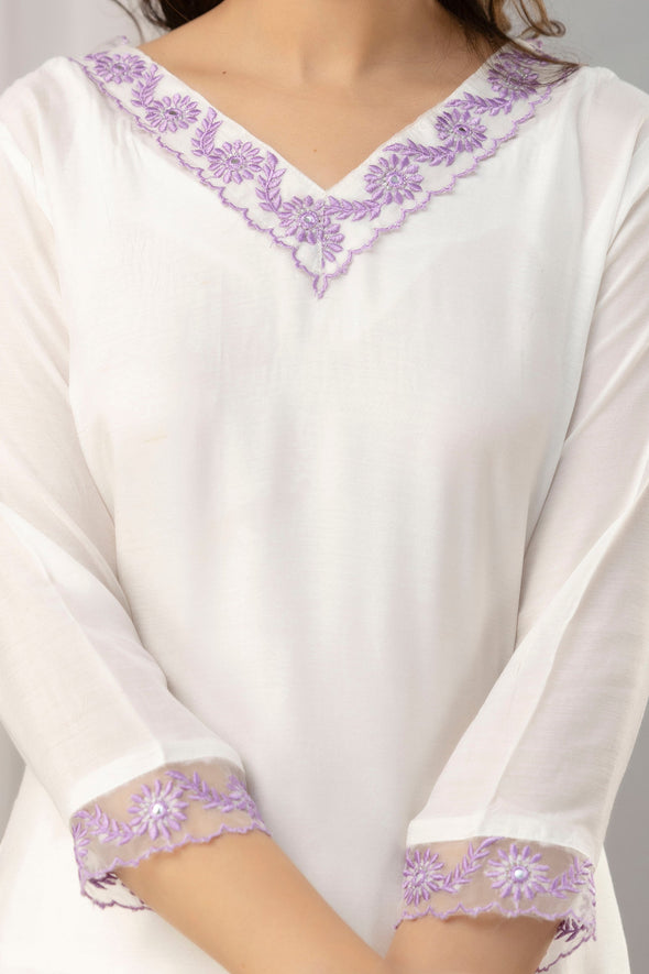 Women White & Violet Muslin Embroidered Kurta with Trousers & Dupatta