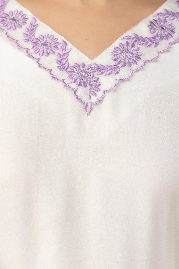 Women White & Violet Muslin Embroidered Kurta with Trousers & Dupatta