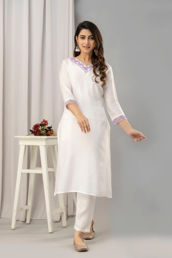 Women White & Violet Muslin Embroidered Kurta with Trousers & Dupatta