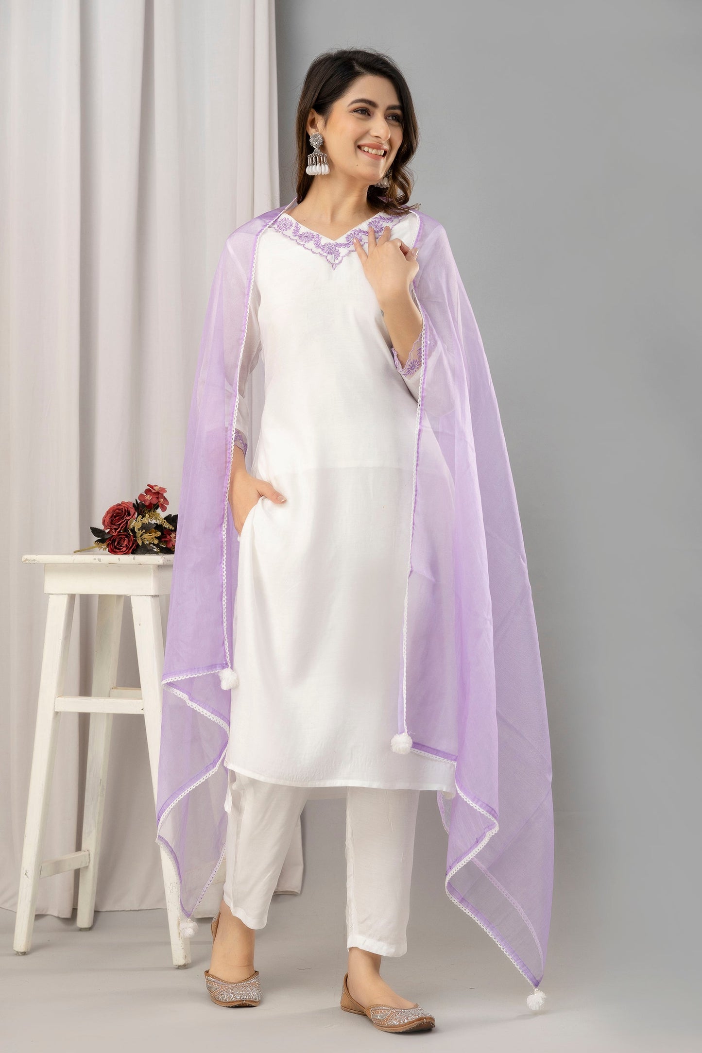 Women White & Violet Muslin Embroidered Kurta with Trousers & Dupatta