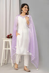 Women White & Violet Muslin Embroidered Kurta with Trousers & Dupatta