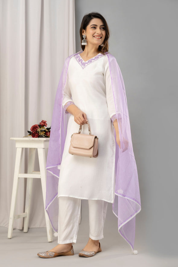 Women White & Violet Muslin Embroidered Kurta with Trousers & Dupatta