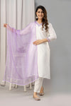 Women White & Violet Muslin Embroidered Kurta with Trousers & Dupatta